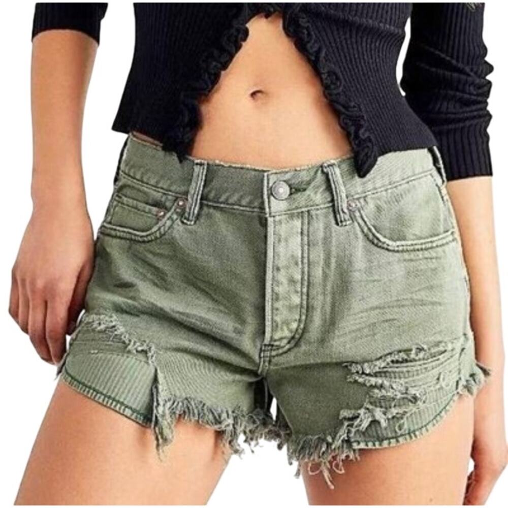 We The Free Good Vibrations Button Fly Cut Off Denim Short Green Size 28